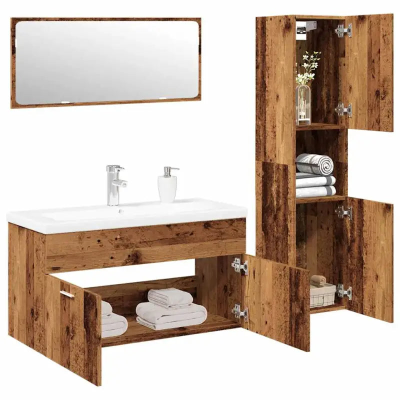 Badkamermeubelset met hoge kast en strak ontwerp past perfect - Oud hout / 90 x 38.5 x 46 cm - Badkamermeubelsets