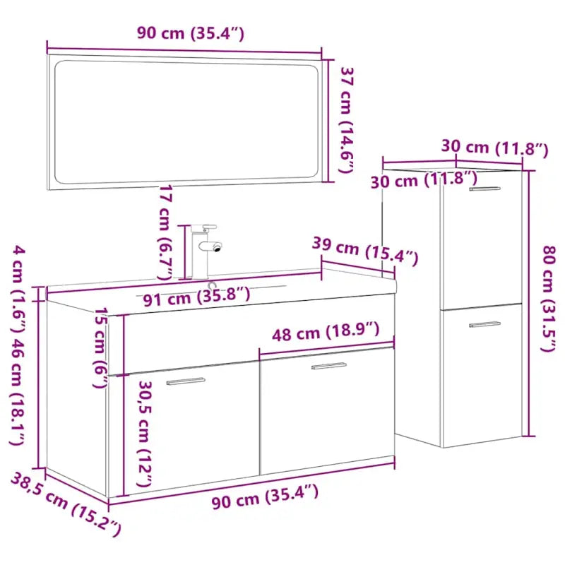 Badkamermeubelset van bewerkt hout in sonoma eiken materiaal - Badkamermeubelsets