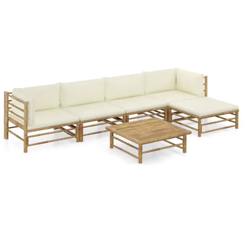 Bamboe tuin loungeset met comfortabele diepte zitting - Crème / 2x midden + 2x hoek + voetensteun + Tafel - Tuinsets
