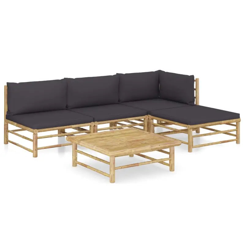 Bamboe tuin loungeset met comfortabele diepte zitting - Donkergrijs / hoek + 2x midden + voetensteun + Tafel - Tuinsets