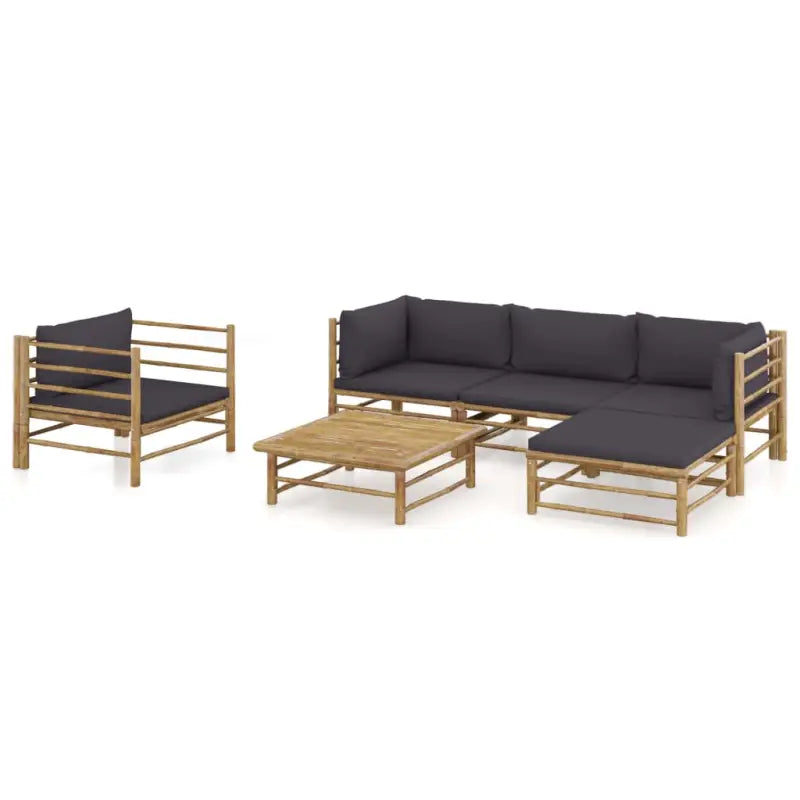 Bamboe tuin loungeset met comfortabele diepte zitting - Donkergrijs / 2x hoek + midden + Fauteuil + voetensteun + Tafel
