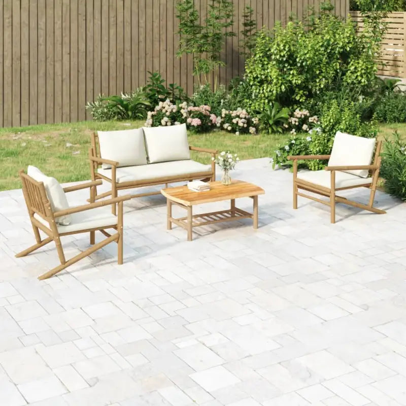 Bamboe tuinset met natuurlijke afwerking en afmetingen voor buitenruimte - Crèmewit / 2x chair + bench + table
