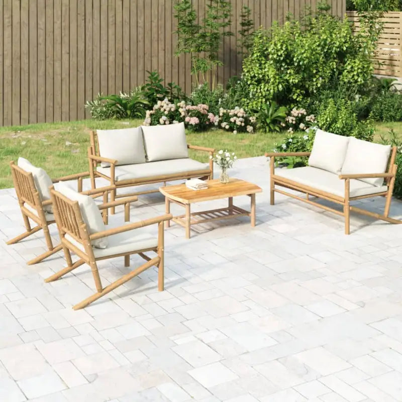Bamboe tuinset met natuurlijke afwerking en afmetingen voor buitenruimte - Crèmewit / 2x chair + 2x bench + table