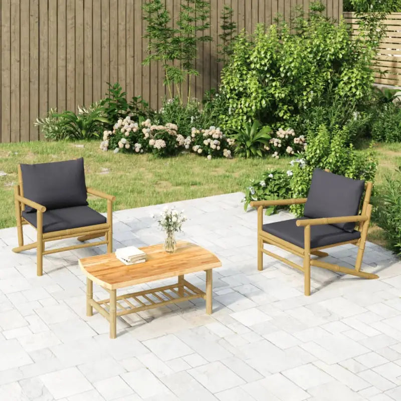 Bamboe tuinset met natuurlijke afwerking en afmetingen voor buitenruimte - Donkergrijs / 2x stoel + tafel - Tuinsets