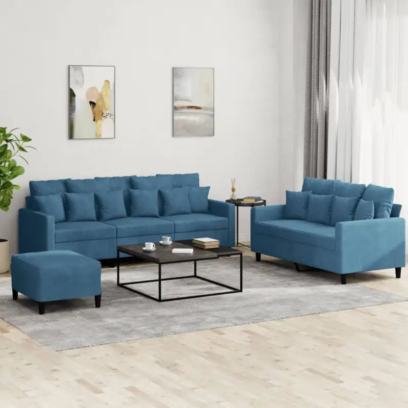 Banken loungeset met zachte fluweel bekleding en comfortabele totale afmetingen - Blauw / met kussens en voetenbankje