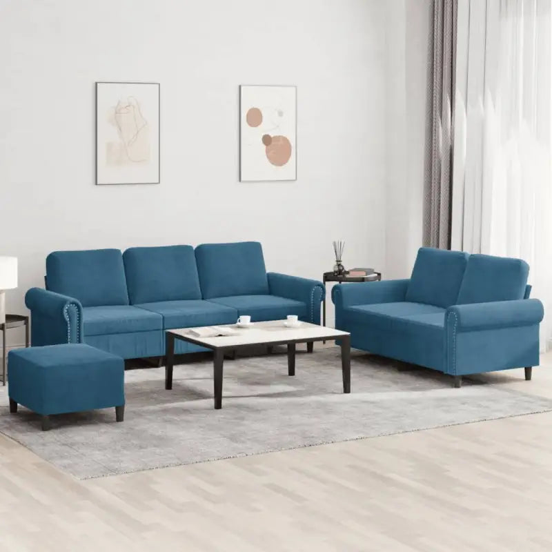 Banken loungeset met zachte fluweelstof en elegante totale afmetingen - Blauw / Met voetenbank - Banken