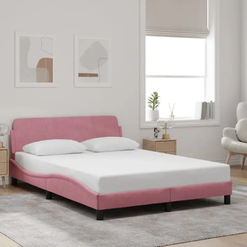 Bedframe met hoofdeinde en multiplex lattenbodem in zacht fluweel - Roze / 140 x 190 cm - Bedden & bedframes