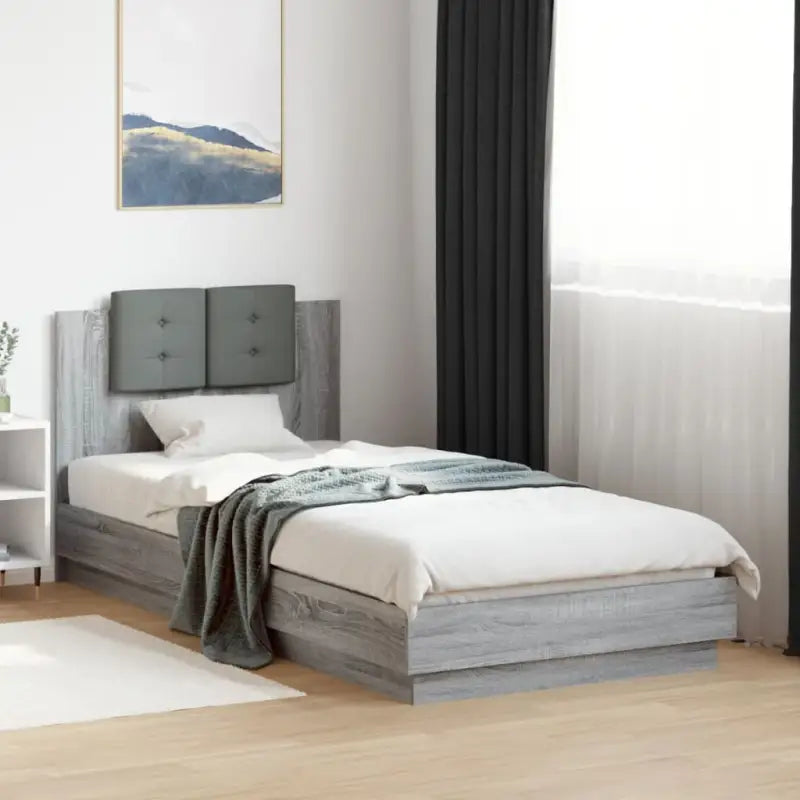 Bedframe met hoofdeinde en multiplex lattenbodem van bewerkt hout - Grijs sonoma / 90 x 200 cm - Bedden & bedframes