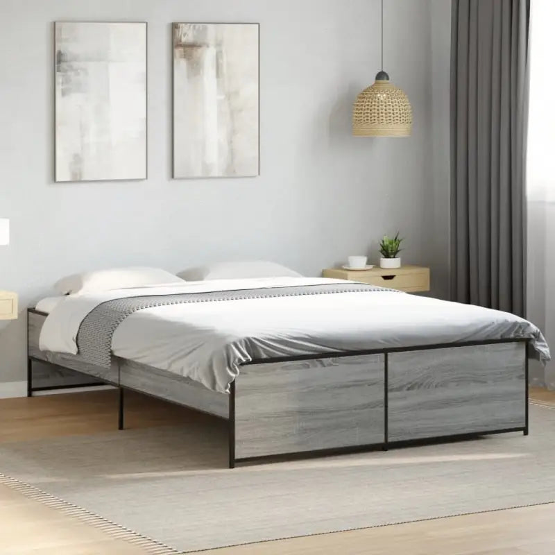Bedframe met metalen poten en multiplex lattenbodem in grijs sonoma eiken - Grijs sonoma / 140 x 190 cm - Bedden &