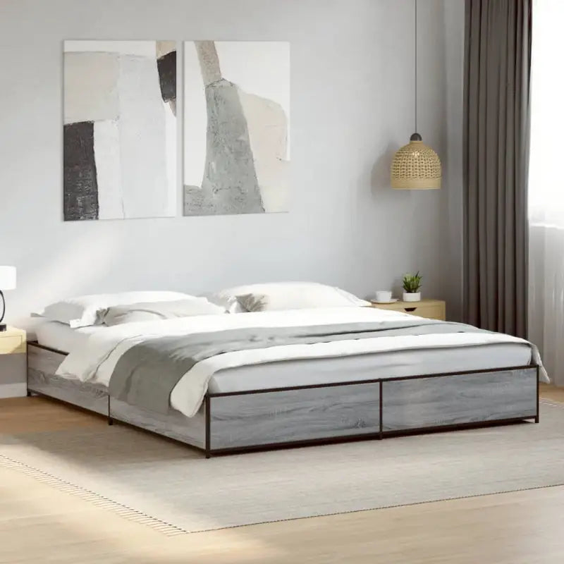 Bedframe met metalen poten en multiplex lattenbodem van bewerkt hout - Grijs sonoma / 160 x 200 cm / 29 cm - Bedden &