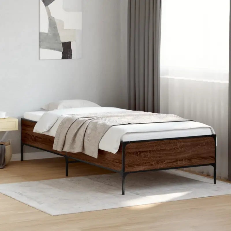 Bedframe met metalen poten en multiplex lattenbodem van bewerkt hout - bruin eikenkleur / 90 x 200 cm / 44 cm - Bedden