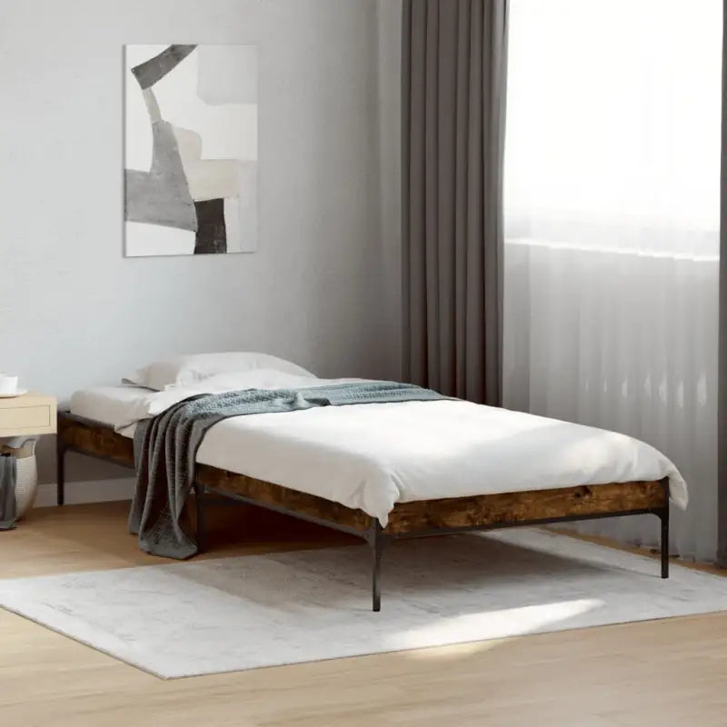 Bedframe met metalen poten en multiplex lattenbodem van bewerkt hout - Gerookt eiken / 90 x 190 cm / 30 cm - Bedden &