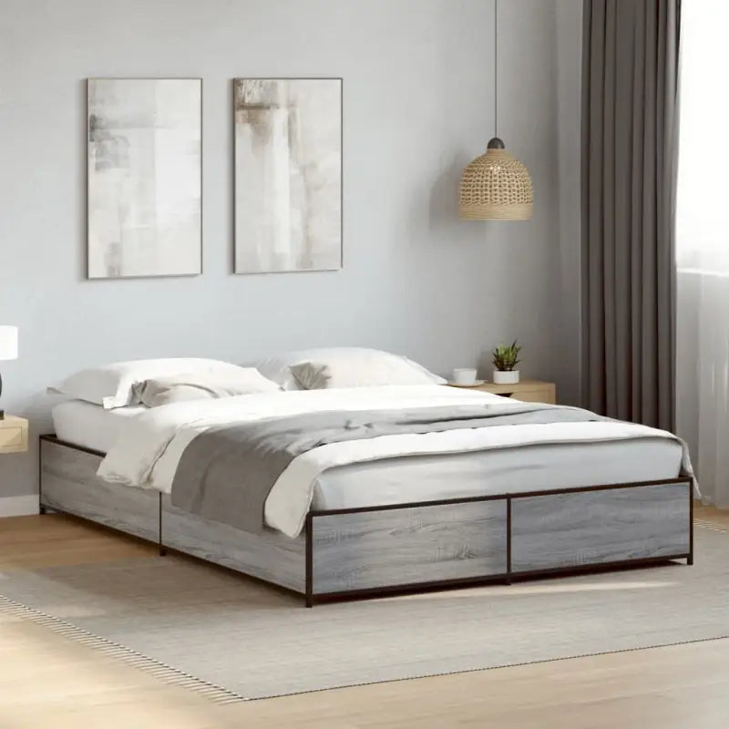 Bedframe met metalen poten en multiplex lattenbodem van bewerkt hout - Grijs sonoma / 140 x 200 cm / 29 cm - Bedden &