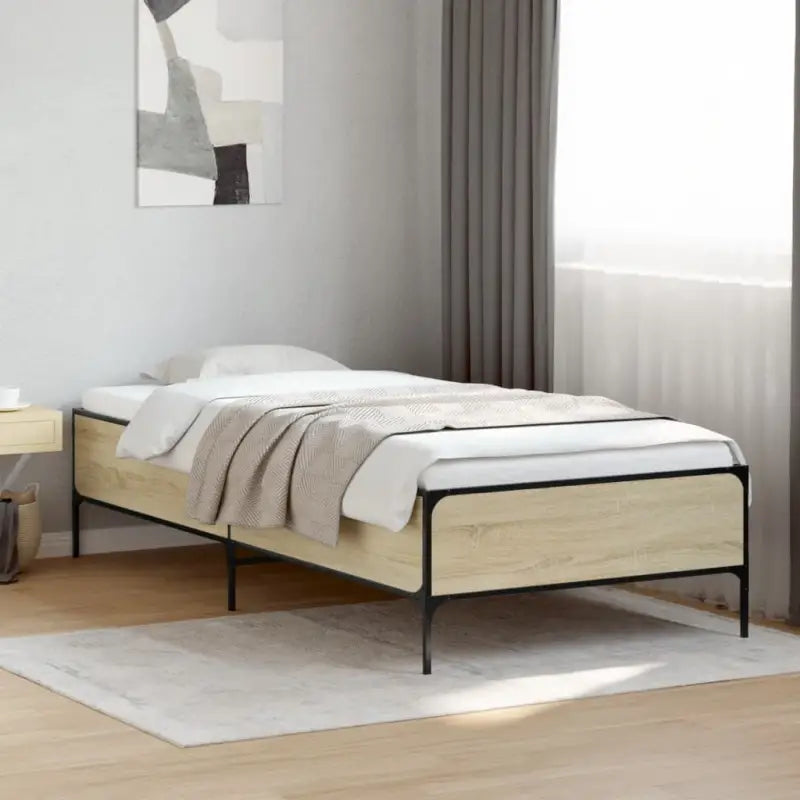 Bedframe met metalen poten en multiplex lattenbodem van bewerkt hout - Sonoma eiken / 90 x 200 cm / 44 cm - Bedden &