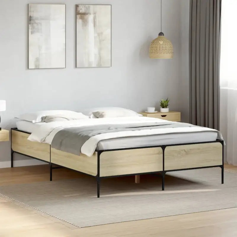 Bedframe met metalen poten en multiplex lattenbodem van bewerkt hout - Sonoma eiken / 120 x 190 cm / 44 cm - Bedden &