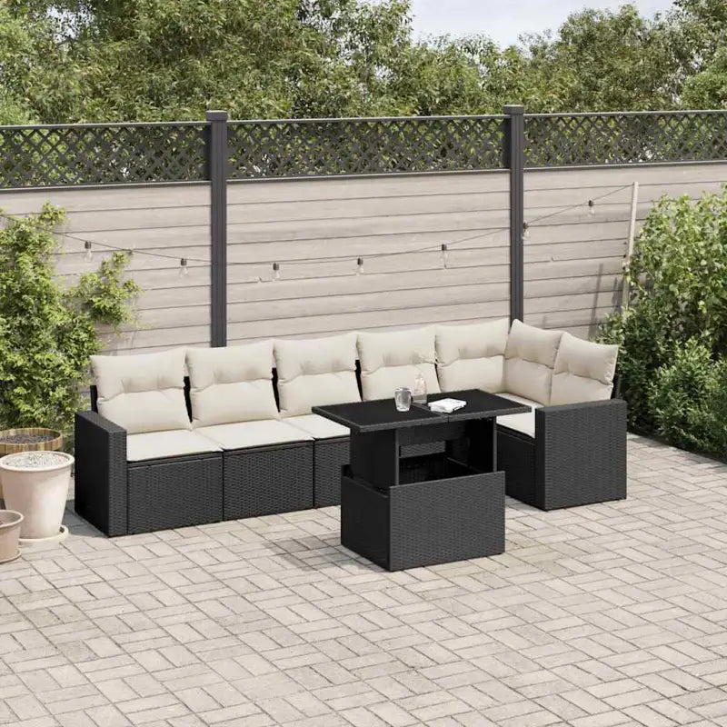 Beige materiaal loungeset met gepoedercoat staal en afmetingen voor tuin - Zwart en crème / Met tafel - Tuinsets