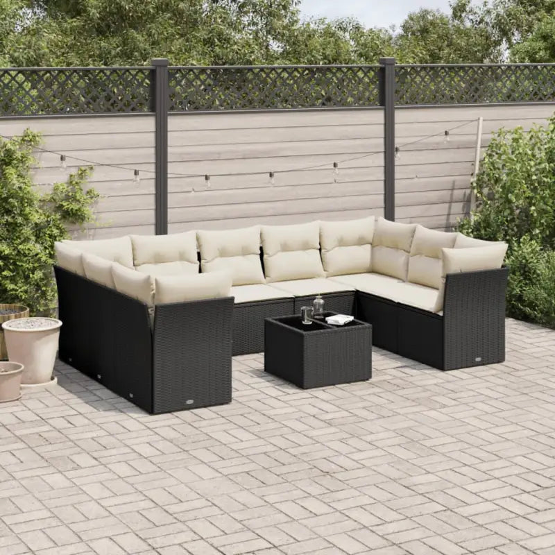 Beige materiaal loungeset met poly rattan en gepoedercoat staal afmetingen - Zwart en crème / Met tafel - Tuinsets