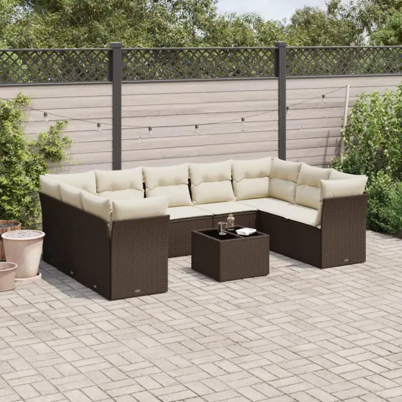 Beige materiaal loungeset met poly rattan en gepoedercoat staal afmetingen - Bruin en crème / Met tafel - Tuinsets