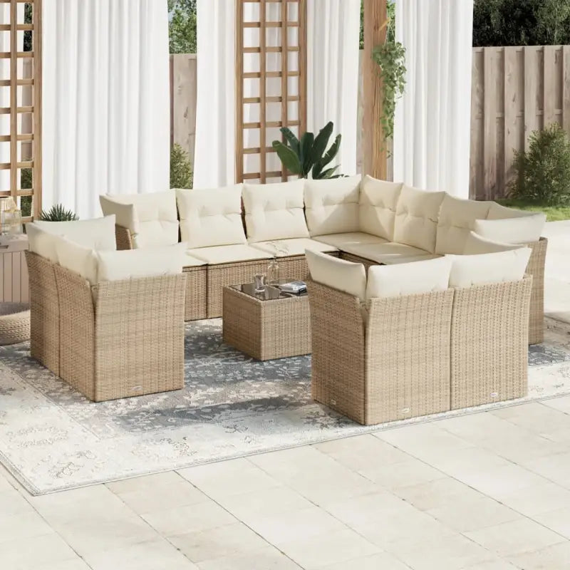 Beige Material Loungeset met Poly Rattan en Gepoedercoat Staal - beige en crèmekleurig / Met tafel - Tuinsets