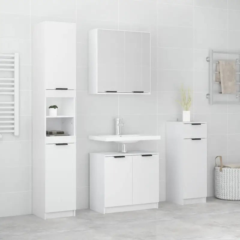 Bewerkt hout badkamermeubelset met staande kast en ruime opbergruimte - Wit - Badkamermeubelsets