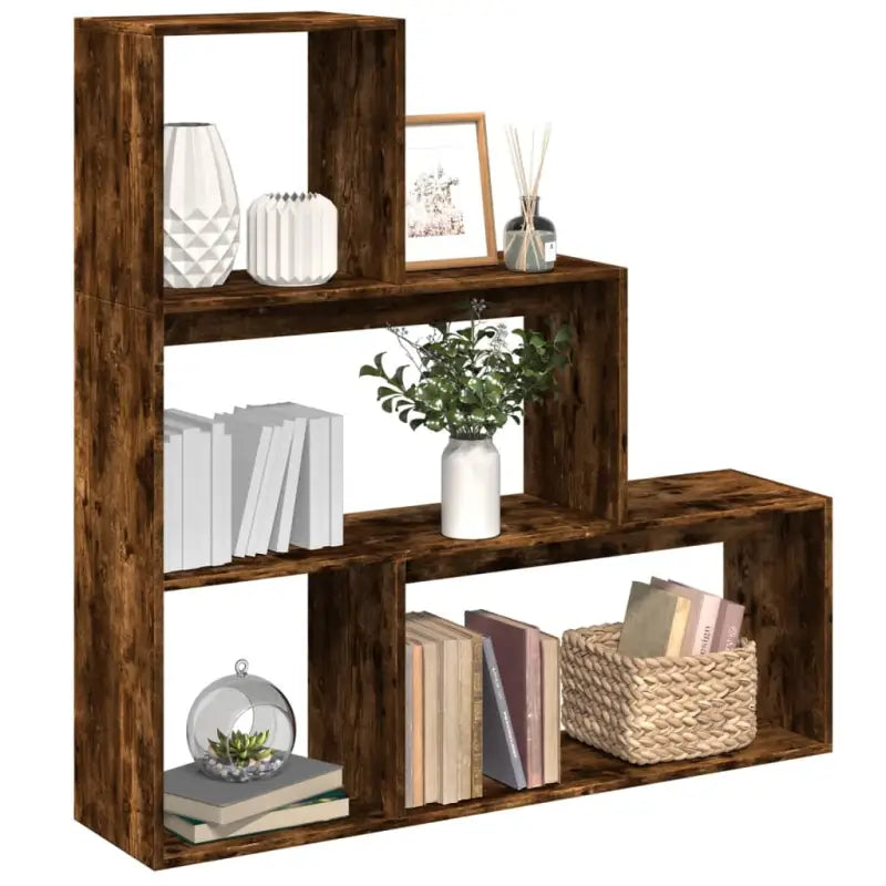 Boekenkast Kamerscherm met 3 lagen van bewerkt hout - Gerookt eiken / 1 / 123 cm - Boekenkasten