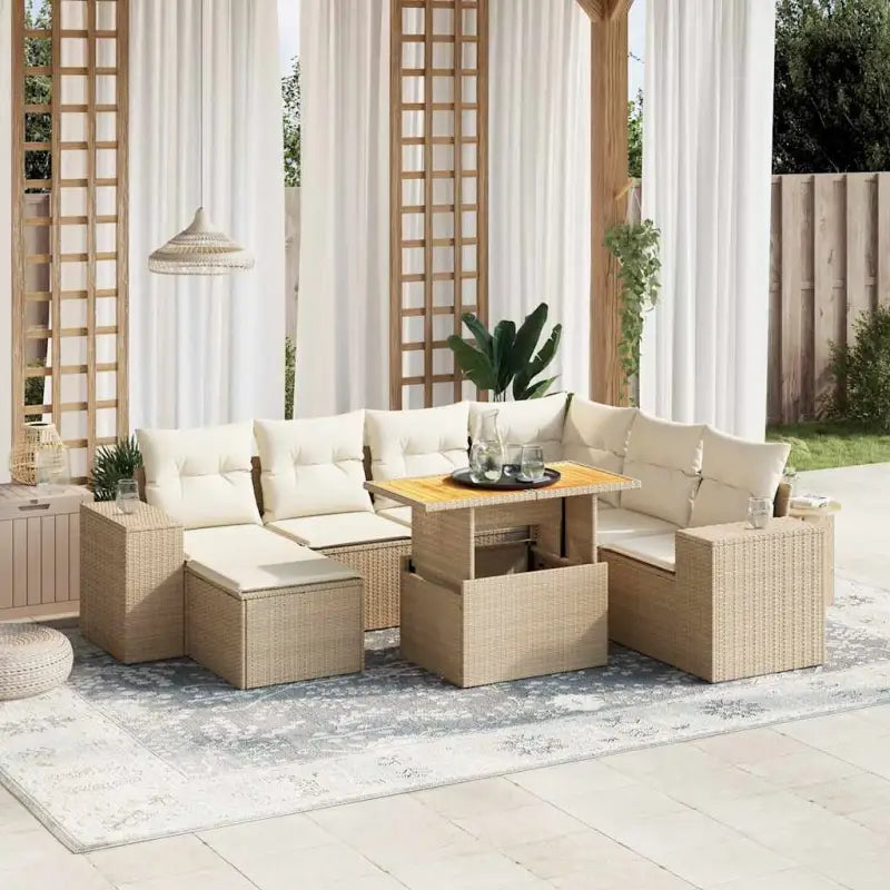 Bredeluik loungeset met beige materiaal en gepoedercoat staal - Beige / 3x hoek + 3x midden + voetensteun + Tafel