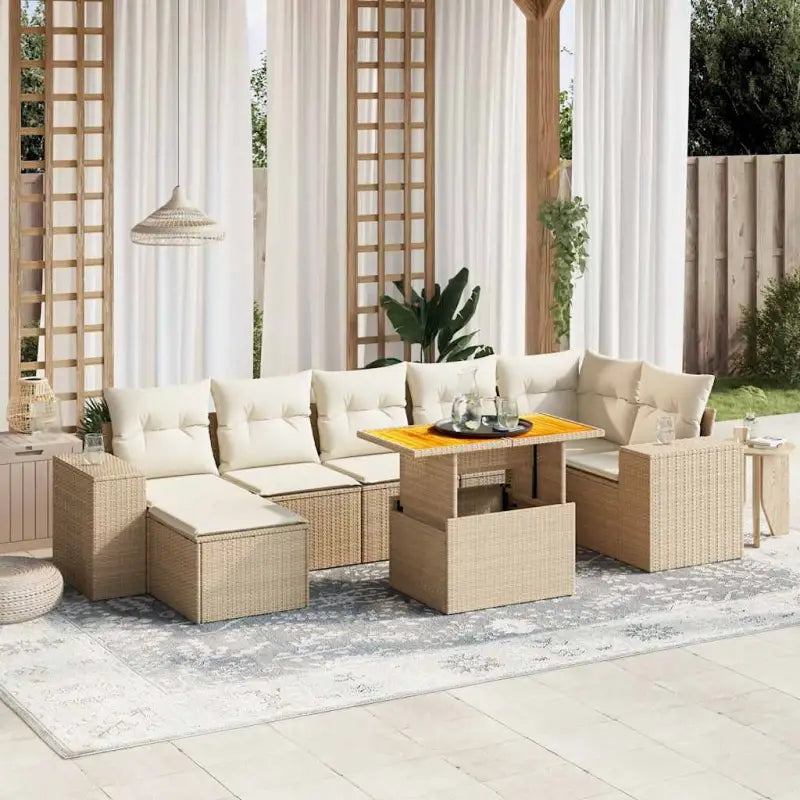Bredeluik loungeset met beige materiaal en gepoedercoat staal - Beige / 3x midden + 3x hoek + voetensteun + Tafel