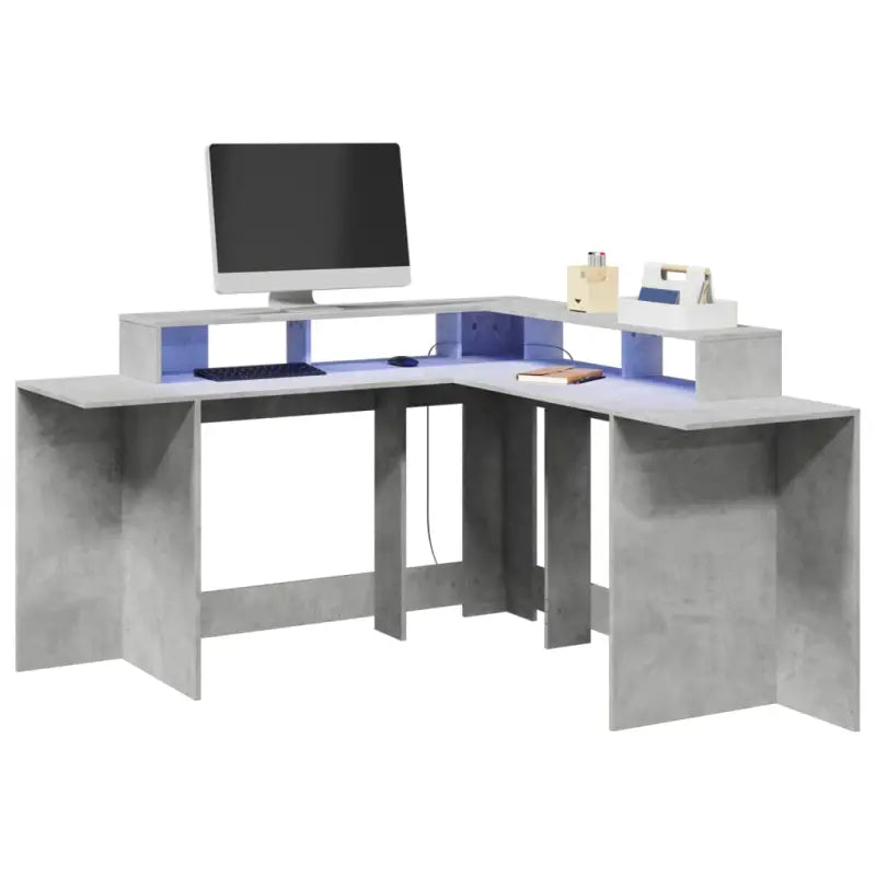 Bureau van bewerkt hout met opbergruimte en LED-verlichting - Betongrijs / 152 x 152 x 91 cm - Bureaus
