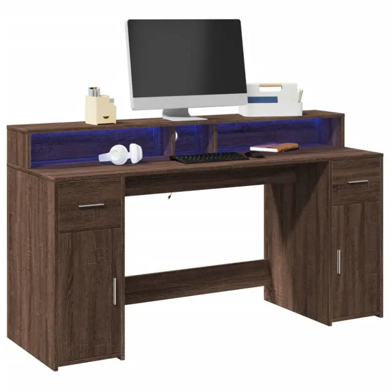 Bureau van bewerkt hout met opbergruimte en LED-verlichting - bruin eikenkleur / 160 x 55 x 91 cm - Bureaus