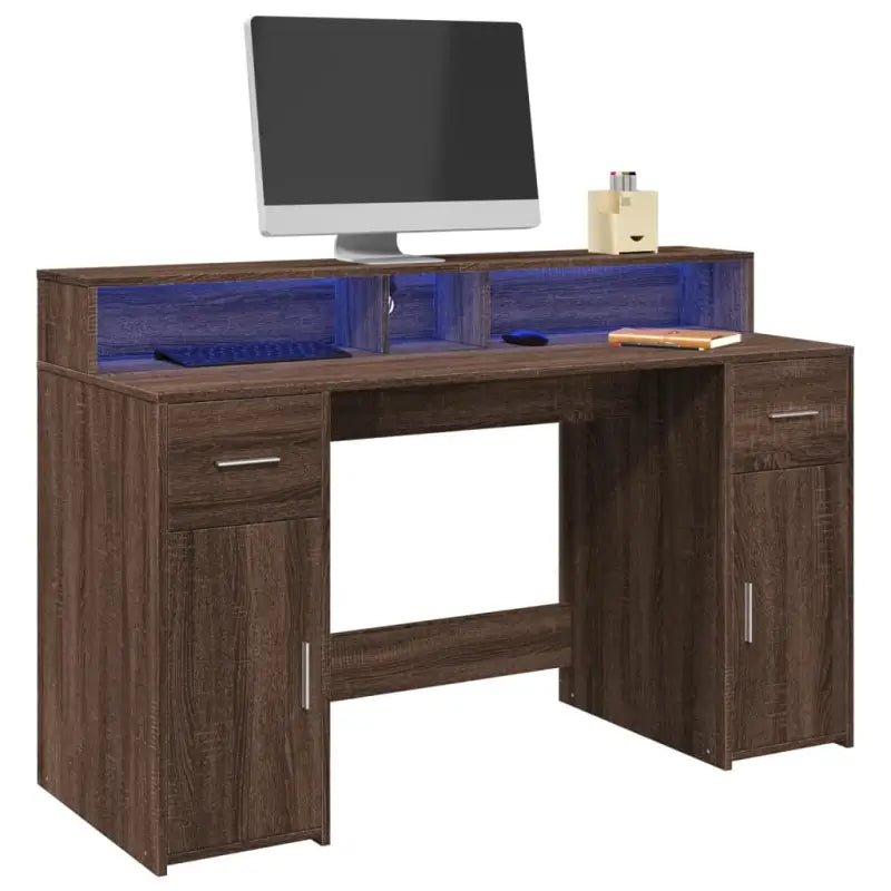 Bureau van bewerkt hout met opbergruimte en LED-verlichting - bruin eikenkleur / 140 x 55 x 91 cm - Bureaus