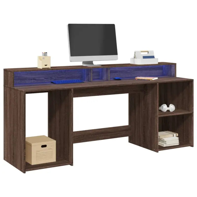 Bureau van bewerkt hout met opbergruimte en LED-verlichting - bruin eikenkleur / 200 x 55 x 91 cm - Bureaus