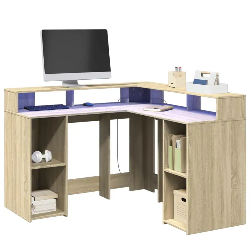 Bureau van bewerkt hout met opbergruimte en LED-verlichting - Bureaus
