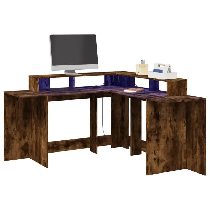 Bureau van bewerkt hout met opbergruimte en LED-verlichting - Gerookt eiken / 152 x 152 x 91 cm - Bureaus