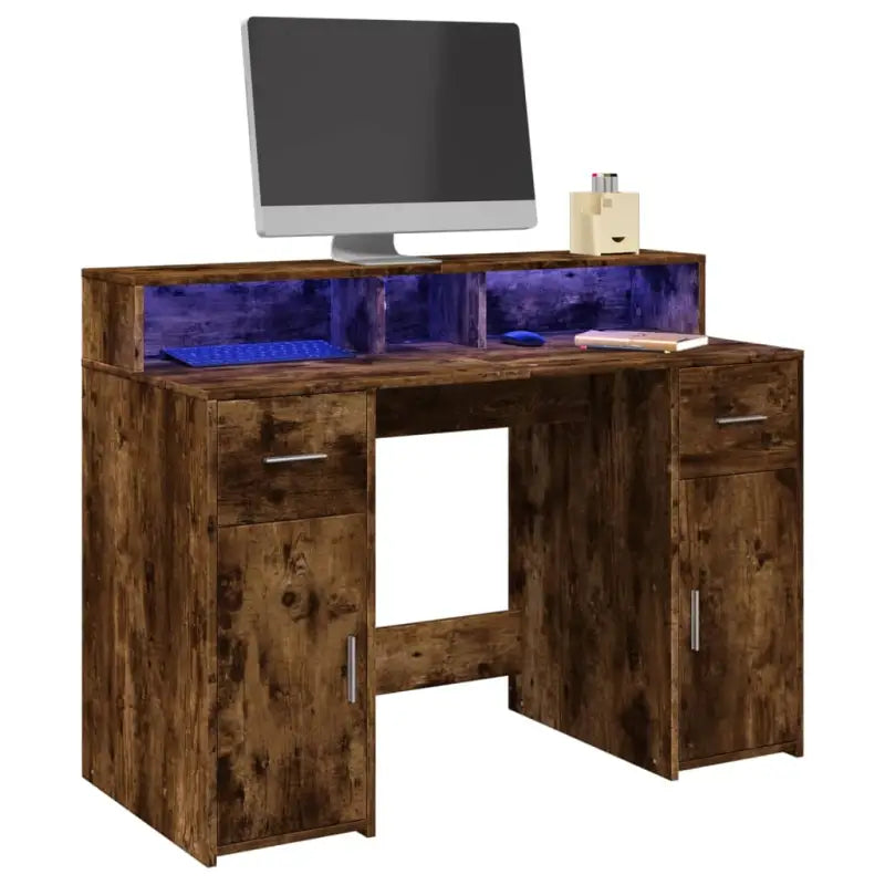 Bureau van bewerkt hout met opbergruimte en LED-verlichting - Gerookt eiken / 120 x 55 x 91 cm - Bureaus