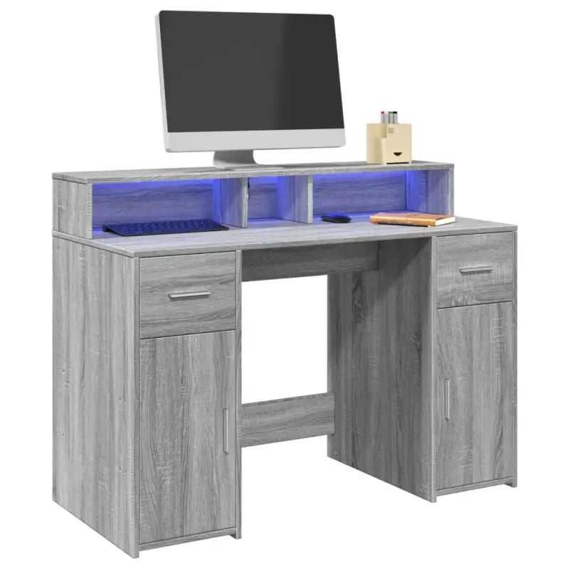 Bureau van bewerkt hout met opbergruimte en LED-verlichting - Grijs sonoma / 120 x 55 x 91 cm - Bureaus