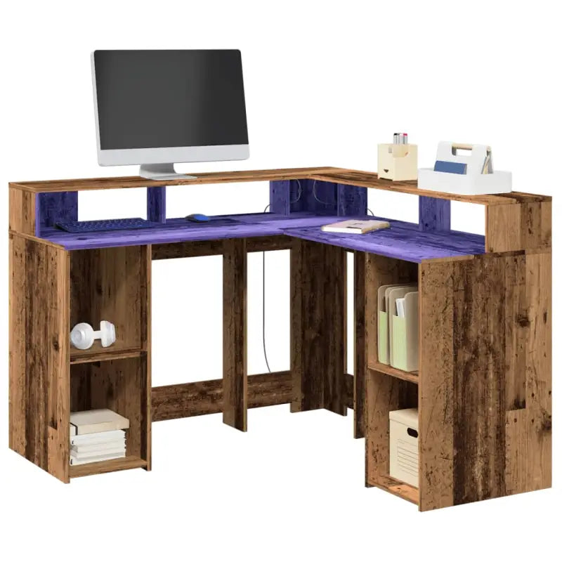 Bureau van bewerkt hout met opbergruimte en LED-verlichting - Oud hout / 130 x 130 x 91 cm - Bureaus