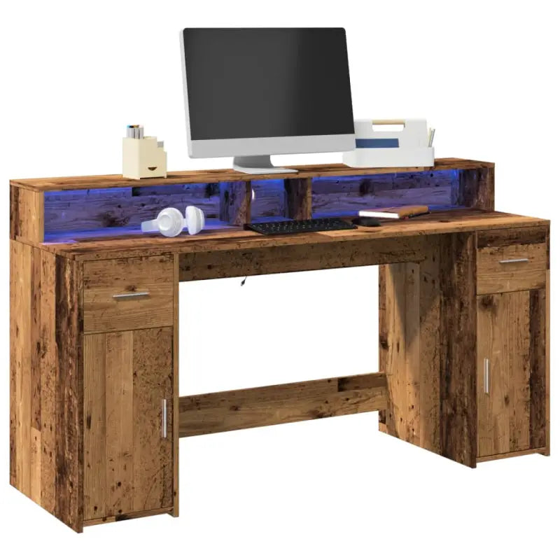 Bureau van bewerkt hout met opbergruimte en LED-verlichting - Oud hout / 160 x 55 x 91 cm - Bureaus