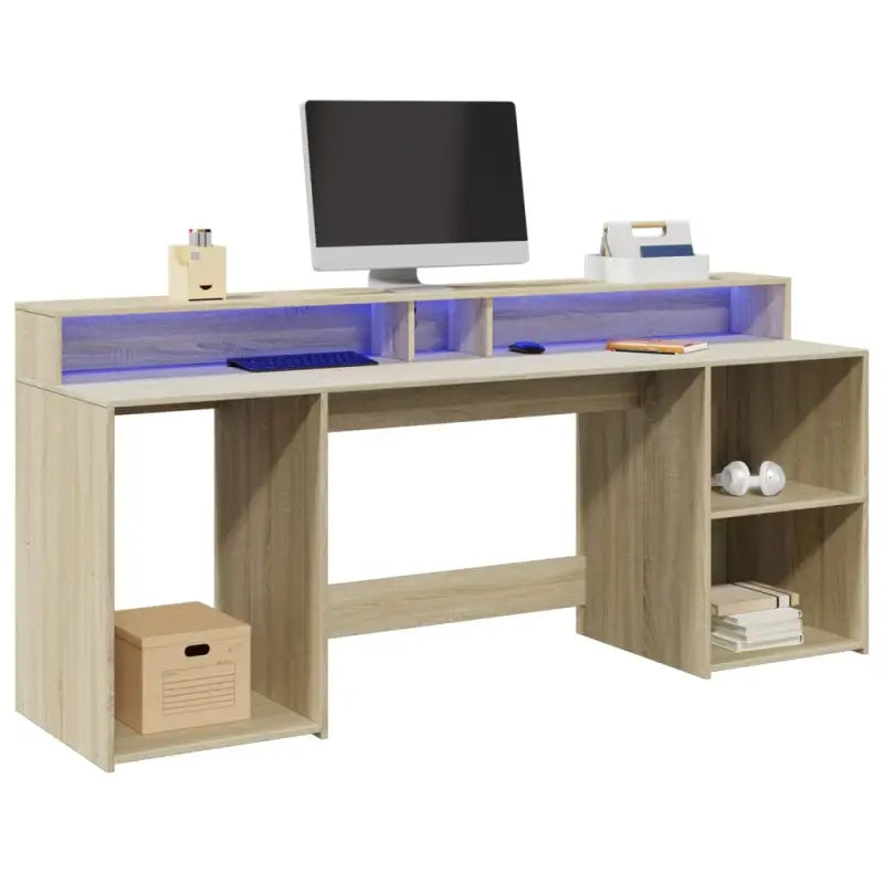Bureau van bewerkt hout met opbergruimte en LED-verlichting - Sonoma eiken / 200 x 55 x 91 cm - Bureaus