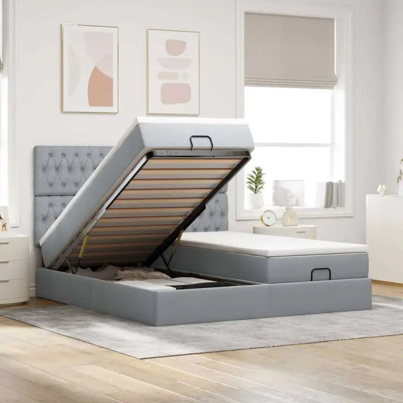 Donkerbruin ottomaans bed met ruime opbergruimte en comfort - Lichtgrijs / 160 x 200 cm / Getuft ontwerp - Bedden &