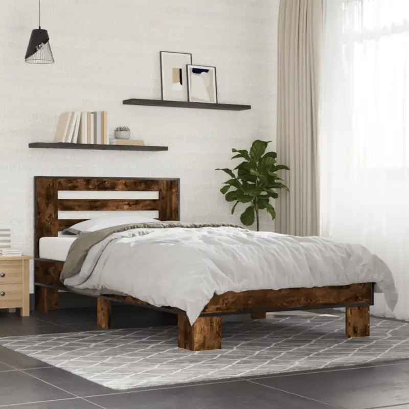 Duurzaam bedframe met bewerkt hout en multiplex lattenbodem - Gerookt eiken / 75 x 190 cm - Bedden & bedframes
