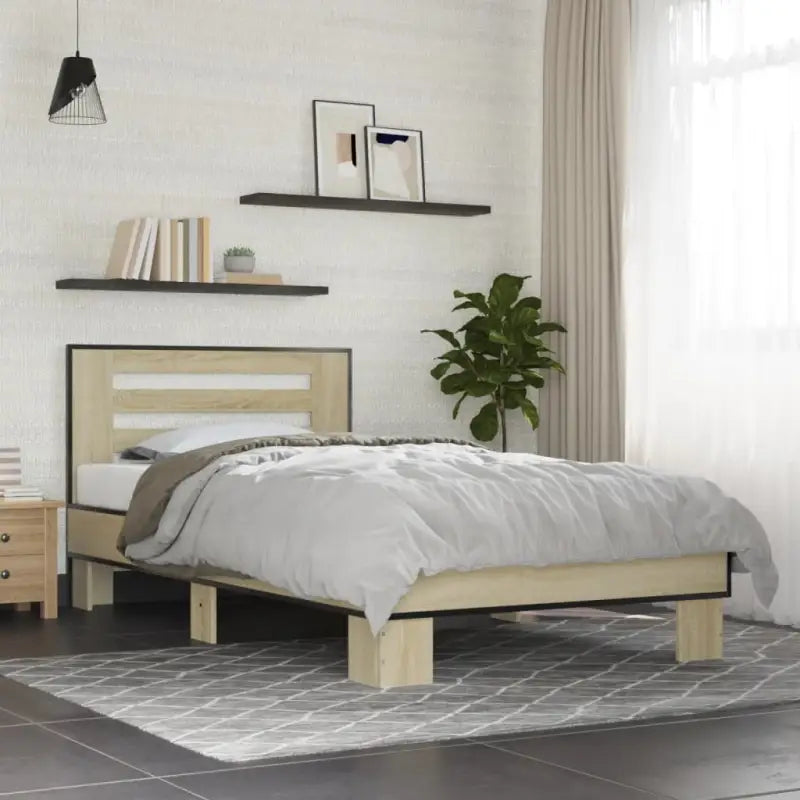 Duurzaam bedframe met bewerkt hout en multiplex lattenbodem - Sonoma eiken / 90 x 190 cm - Bedden & bedframes