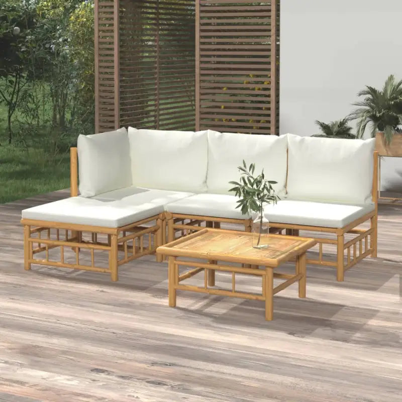 Elegante bamboe tuinset met comfortabele afmeting zitting en rugkussen - Crème / hoek + 2x midden + voetensteun + Tafel