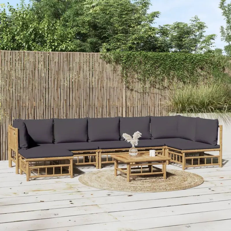 Elegante bamboe tuinset met comfortabele afmeting zitting en rugkussen - Donkergrijs / 2x hoek + 4x midden