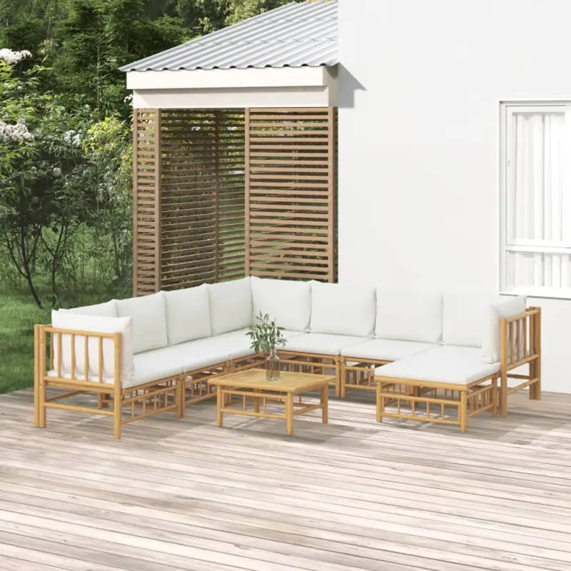 Elegante bamboe tuinset met comfortabele afmeting zitting en rugkussen - Crème / 3x hoek + 4x midden + voetensteun
