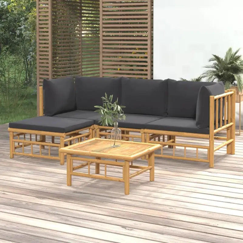Elegante bamboe tuinset met comfortabele afmeting zitting en rugkussen - Donkergrijs / 2x hoek + midden + voetensteun
