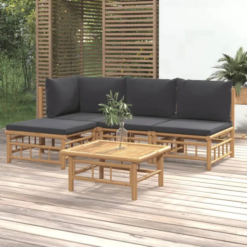 Elegante bamboe tuinset met comfortabele afmeting zitting en rugkussen - Donkergrijs / hoek + 2x midden + voetensteun