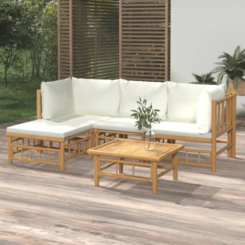 Elegante bamboe tuinset met comfortabele afmeting zitting en rugkussen - Crème / 2x hoek + midden + voetensteun + Tafel