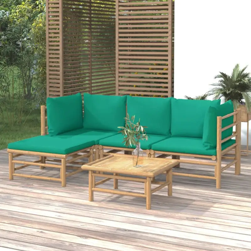 Elegante bamboe tuinset met comfortabele afmetingen en rugkussen - Groen / 2x hoek + midden + voetensteun + Tafel