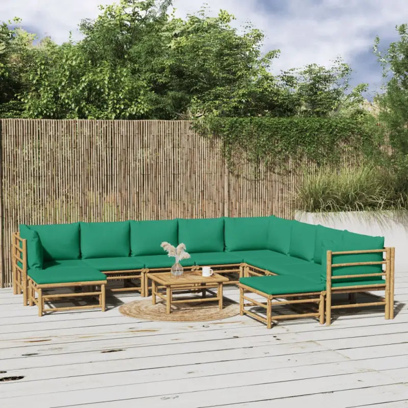 Elegante bamboe tuinset met comfortabele afmetingen en rugkussen - Groen / 3x hoek + 5x midden + 2x voetensteun + Tafel