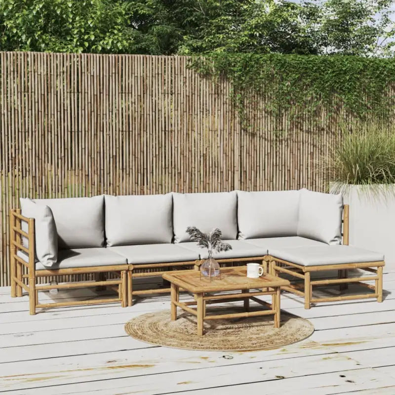 Elegante bamboe tuinset met comfortabele afmetingen en rugkussen - Lichtgrijs / 2x hoek + 2x midden + Tafel